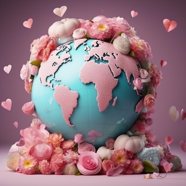 3d la Terra decorata per il giorno di San Valentino rose rosa che circondano un globo su sfondo rosa amore