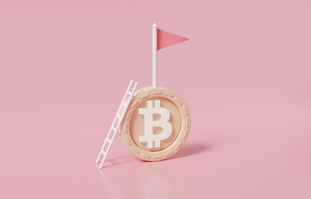 3D Ladder si appoggia contro bitcoin con bandiera in alto, concetto di scopo di investimento in criptovaluta.