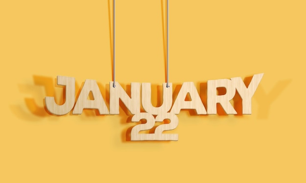 3D legno decorativo scritta appeso forma calendario per gennaio 22 su uno sfondo giallo Home Interior e copyspace Focus selettivo3D illustrazione