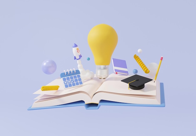 3D libro aperto avvio idea astronave razzo apprendimento una lampadina gialla ispirazione creatività calendario periodo successo business concetto educazione invenzione target futuro 3d rendering illustrazione