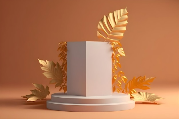 3d low poly rendering scena del podio display del prodotto con foglie d'oro piattaforma geometrica 3d high poly stand per mostrare la vetrina del prodotto cosmetico sul piedistallo display sfondo beige AI generato