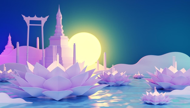 3d Loy Krathong festival e Yi Peng festival negli striscioni della Thailandia settentrionale con la luna