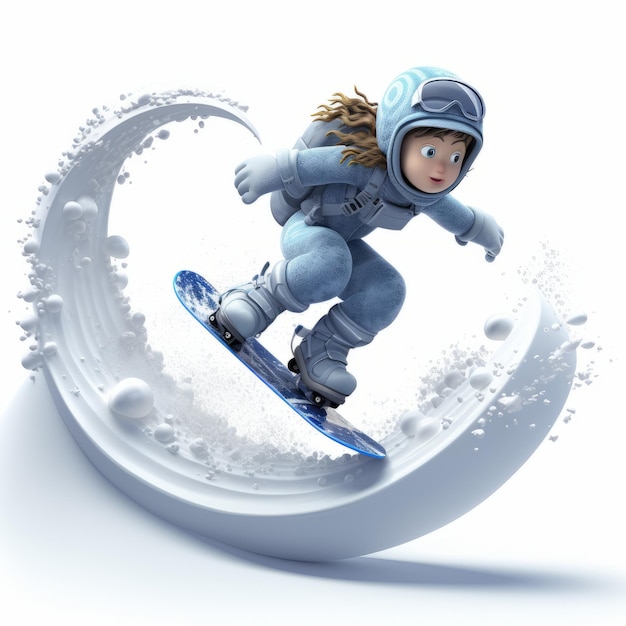 3d Luna Snowboarding animazione giocosa e dinamica su sfondo bianco