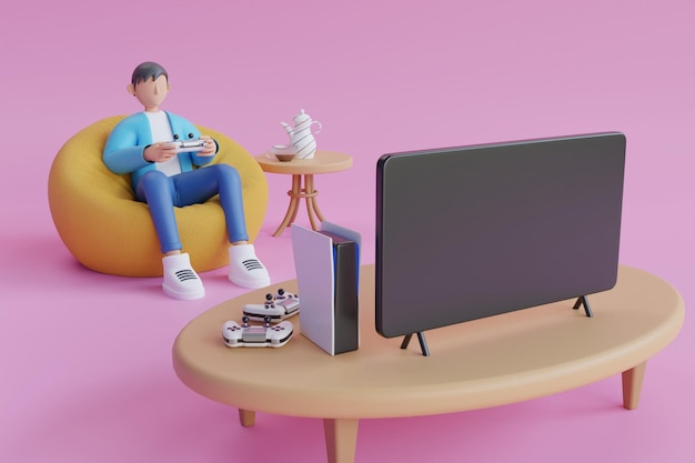 3d  man playing game in sofa. cartoon character man on red bag armchair play video game. plays video
