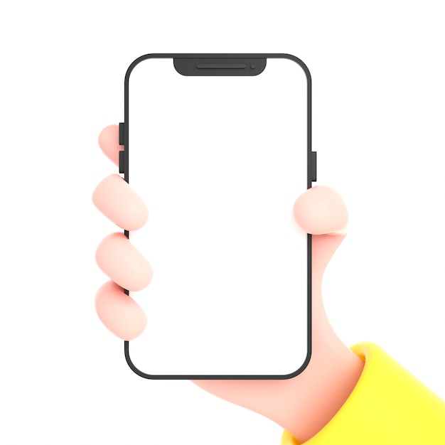 3d mani che tengono il telefono cellulare isolato con spazio di copia e schermo vuoto per e mockup phone