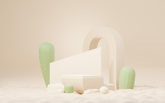 3d mock up podio crema marrone con cactus e sabbia deserto mini tema piedistallo per presentazione prodotti e cosmetici scena colorata astratta per la pubblicità sfondo promozione vendita