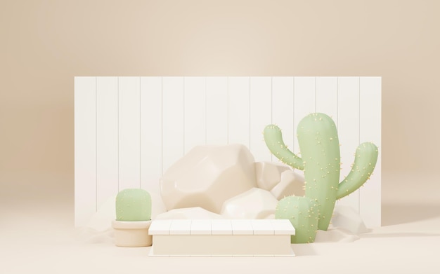 3d mock up podio crema marrone con cactus e sabbia deserto mini tema piedistallo per presentazione prodotti e cosmetici scena colorata astratta per la pubblicità sfondo promozione vendita