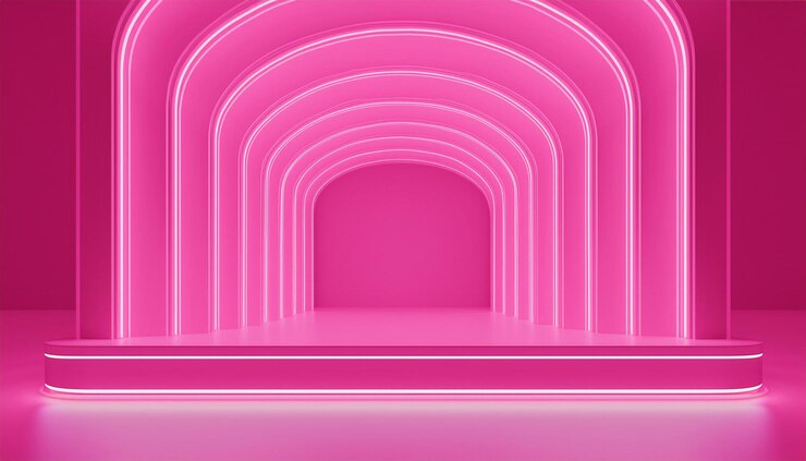 3D mock up podium in a bright pink empty room with arches and neon pink lighting