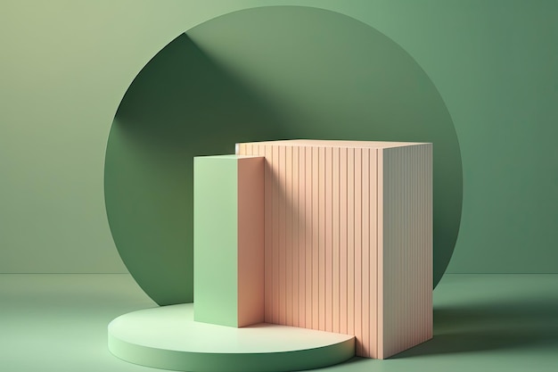 3D Pastel Green Podium Display natura supporto in legno Sfondo per i prodotti Generative ai