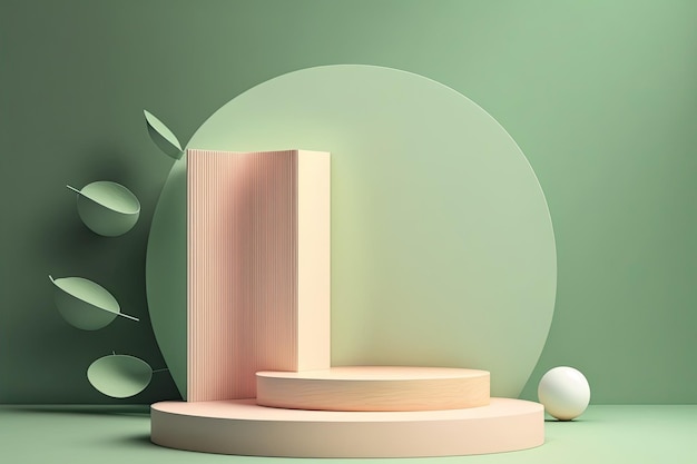 3D Pastel Green Podium Display natura supporto in legno Sfondo per i prodotti Generative ai