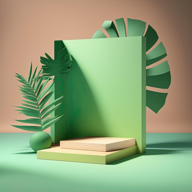 3D Pastel Green Podium Display natura supporto in legno Sfondo per i prodotti Generative ai