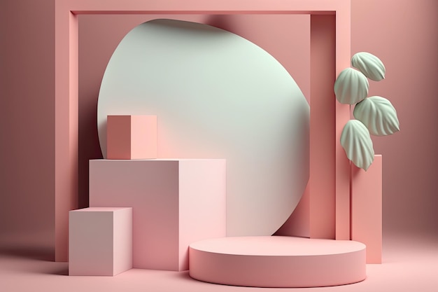 3D Pastel Pink Podium Display natura supporto in legno Sfondo per i prodotti Generative ai