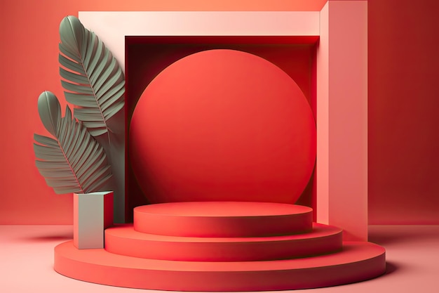 3D Pastel Red Podium Display natura supporto in legno Sfondo per i prodotti Generative ai