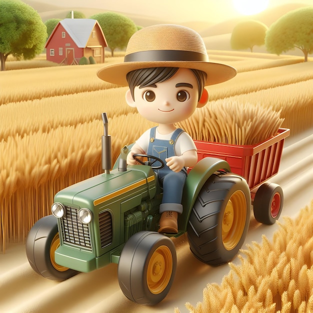 3d per il concetto di personaggio occupazionale Farmer Dawn con trattori e Golden Fields con bianco isolato