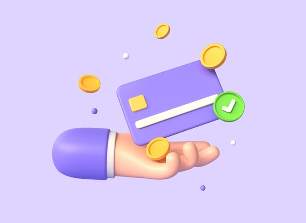 3d personaggio mano carta di credito caduta monete d'oro e zecca verde illustrazione in stile cartone animato il concetto di pagamenti senza contanti o senza contatto prestiti di elaborazione 3d rendering