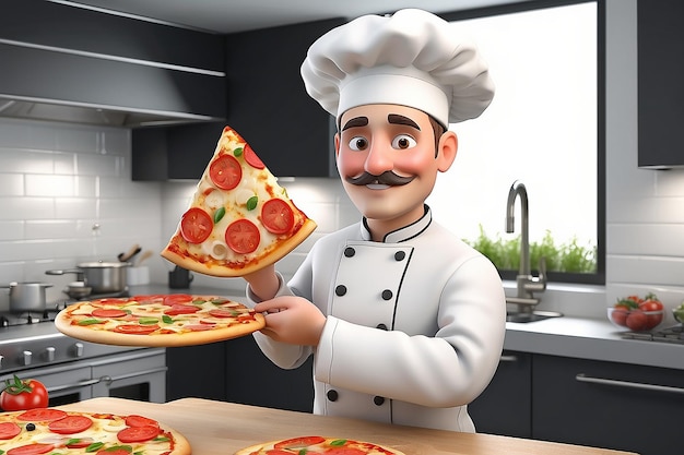3D persone bianche pizza cuoco con una pizza e un cappello da chef