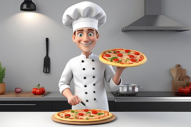 3D persone bianche pizza cuoco con una pizza e un cappello da chef