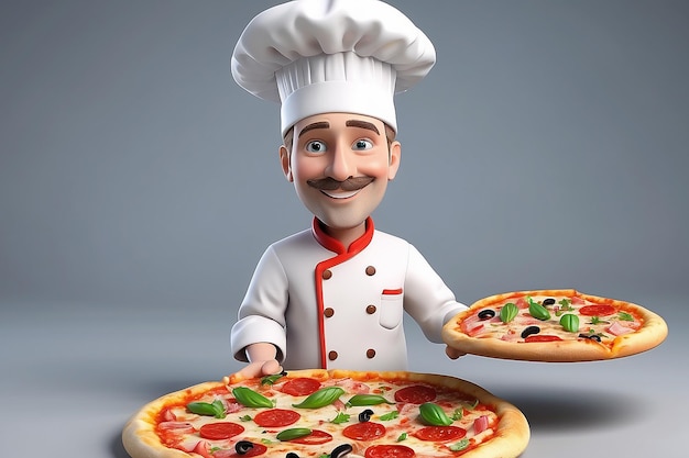 3D persone bianche pizza cuoco con una pizza e un cappello da chef