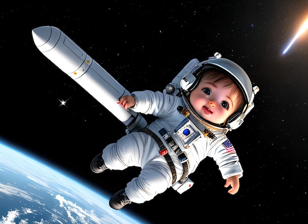 3D piccolo astronauta bambino carino che vola sullo sfondo dello spazio