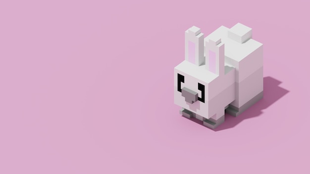 3D Pixel Animal con copia spazio banner sfondo Pixel coniglio con sfondo viola o rosa Rendering 3D