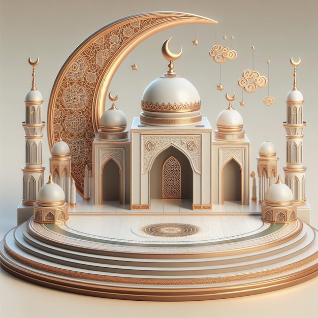 3d podium moschea e ornamenti della mezzaluna islamica