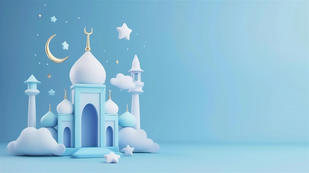 3d ramadan kareem disegno cartone animato tema blu stella luna lucente spazio per la copia
