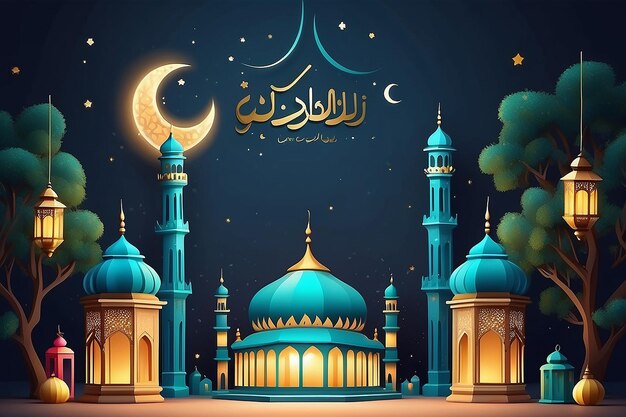 3d ramadan night banner template Cute moschea e lanterna esposte su palchi con luci brillanti la sera