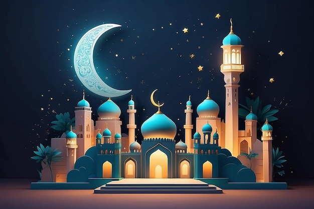 3d ramadan night banner template Cute moschea e lanterna esposte su palchi con luci brillanti la sera