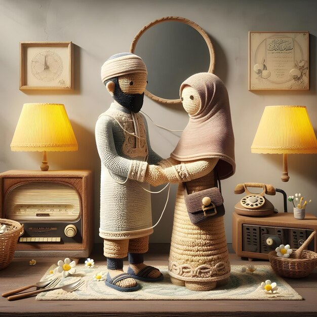 3D realistica coppia di bambole di famiglia musulmana Figura a crocchetto che stringe la mano in segno di perdono della festa musulmana