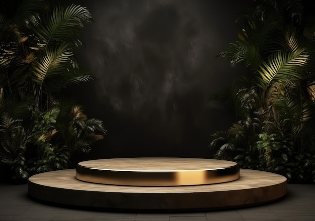 3d realistico piedistallo nero su uno sfondo nero con elementi dorati e foglie di palma Design di spazio vuoto scena di maket di lusso per il prodotto AI Generative