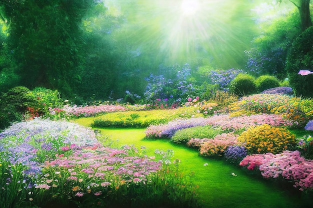 3D rende la pittura digitale del giardino con fiori e alberi Sfondo floreale HD