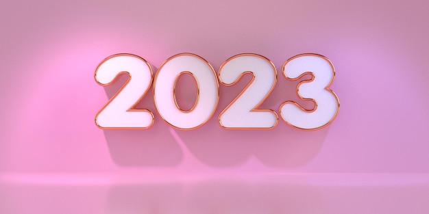 3D Render 2023 nuovo anno colore oro, stile rosa