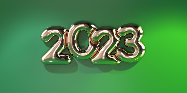 3D Render 2023 nuovo anno colore oro, stile verde