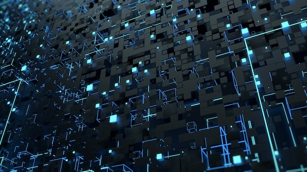 3d render abstract background. complex digital wall with random elements. square geometry with bright glow elements. complex details.