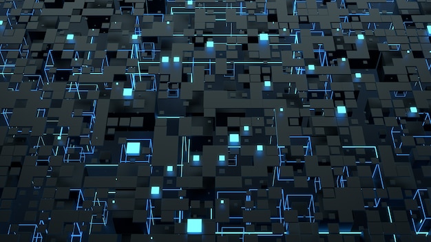 3d render abstract background. complex digital wall with random elements. square geometry with bright glow elements. complex details.