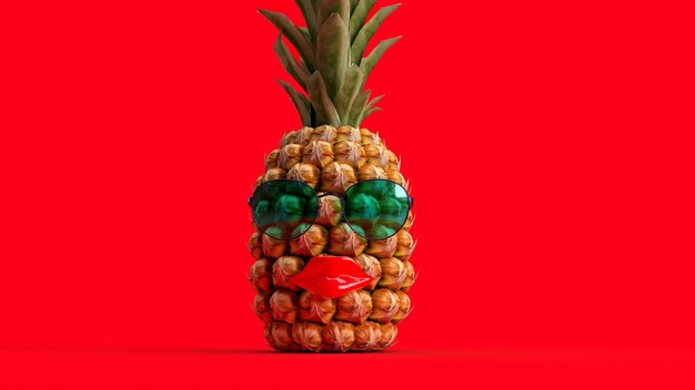 3d render ananas in occhiali da sole su uno sfondo rosso con le labbra estate sfondo vacanza tropici