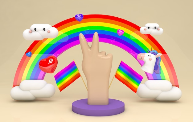 3D render arcobaleno con nuvole carine e unicorno e una mano che fa il segno della pace su sfondo beige