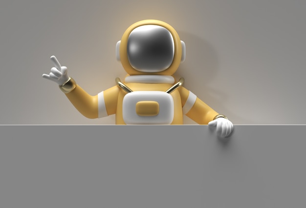 3D Render Astronauta in possesso di un banner bianco su sfondo bianco.