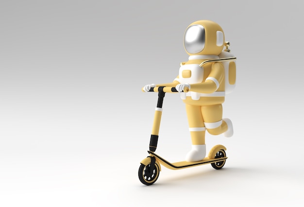 3D Render Astronauta in sella a uno scooter a spinta Illustrazione 3D art Design.