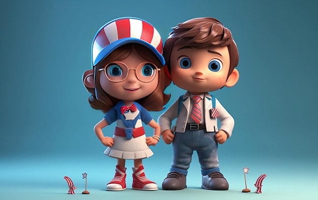 3d render cartone animato che celebra l'America 4 luglio giorno dell'indipendenza USA Flag Hat e petardi