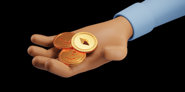 3D render da vicino la mano che tiene con monete bitcoin, criptovaluta. illustrazione