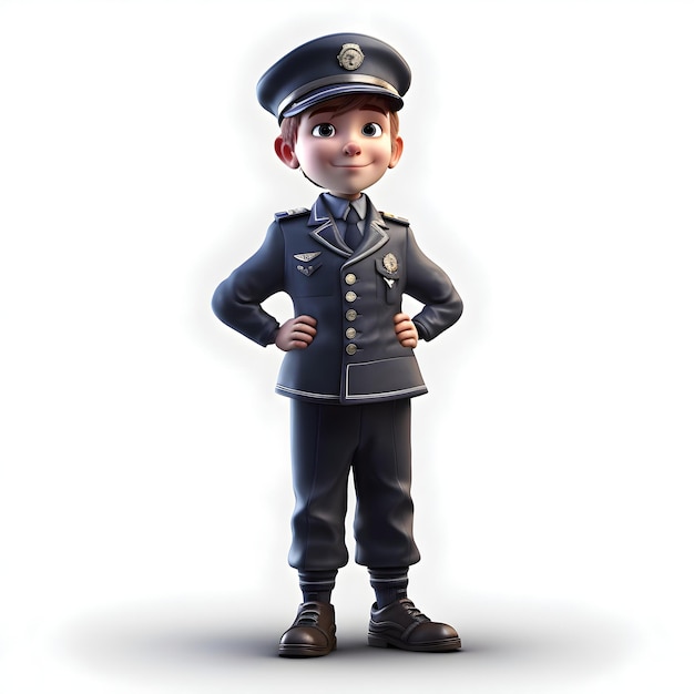 3d Render di Little Police officer con sfondo bianco e tracciato di ritaglio