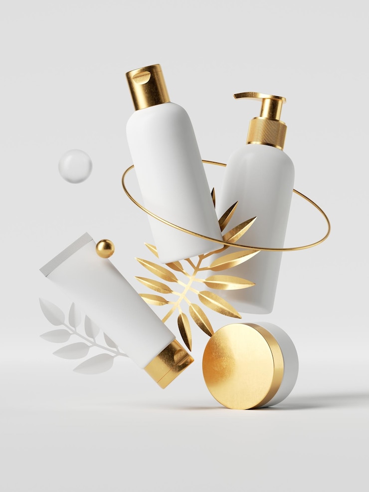 Foto 3d render flaconi per la cosmetica con tappi dorati isolati su sfondo bianco