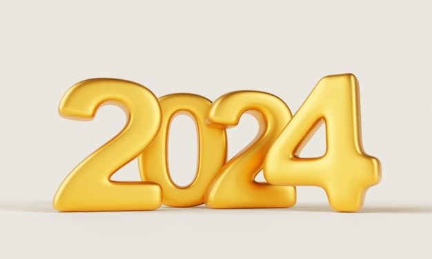 3d render golden 2024 numeri New year mockup banner Luxury gold chrome font on white studio background with shadow Typography text design yellow glossy metal typeface icon 3D illustration