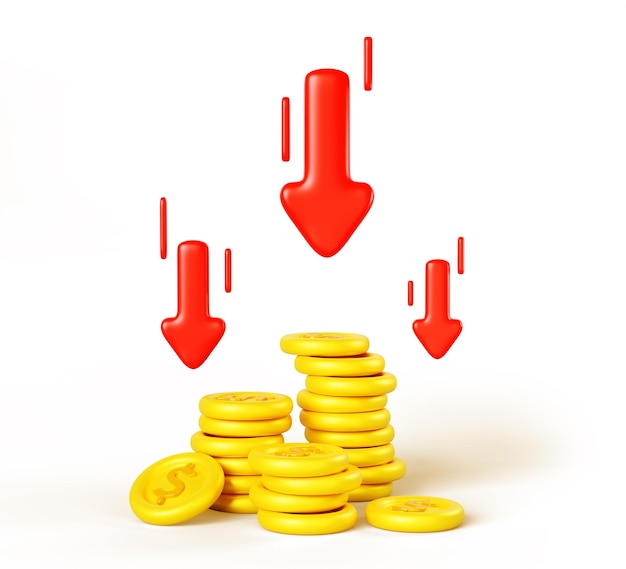 3d render grafico con frecce rosse che scendono e monete d'oro in dollari impilate su sfondo bianco Concept of economy recession crisis inflation business and financial loss with falling graph