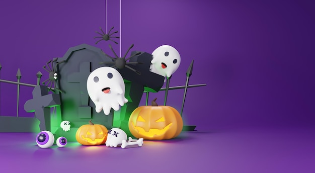 3d Render Happy Halloween Day sfondo con scena notturna e fantasma del cranio di zucche di Halloween spettrali
