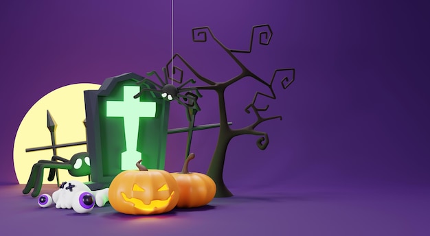 3d Render Happy Halloween Day sfondo con scena notturna e fantasma del cranio di zucche di Halloween spettrali