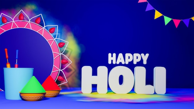 3D Render Happy Holi testo con polvere di colore Gulal in ciotole pistole ad acqua benna Pichkari e cornice Mandala su sfondo blu