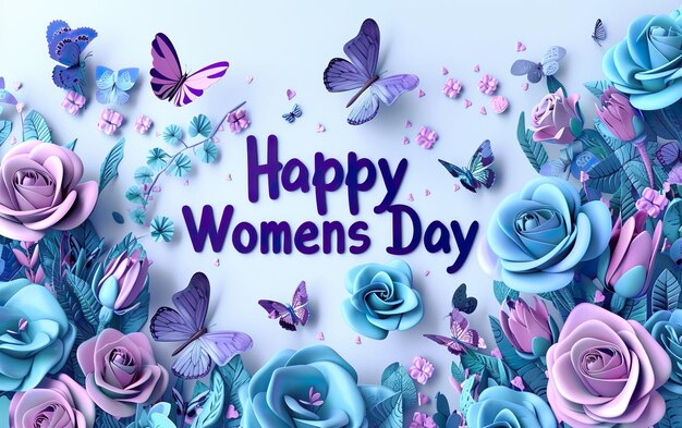 3d render Happy Womens Day banner con fiori blu e viola