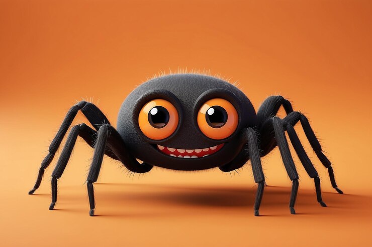 Photo 3d render illustration smiling small cute spider on orange isolated background with text happy halloween